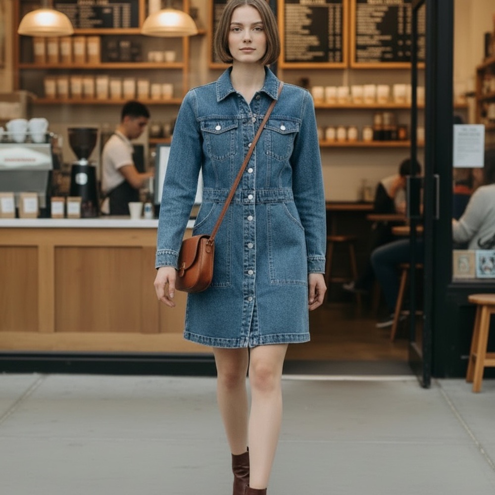 Faherty Blue Denim shirt dress Button-Front structured waist medium wash - Picture 2 of 6